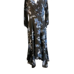Maison Tara Black Blue Floral Chiffon Maxi Dress Long Sleeve 91123M Size 6
