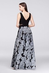 XSCAPE Black Blue Gray Floral Jacquard High Low Sheer Cut-Out Gown Dress 4 US