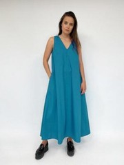 Il Vento E La Seta Cotton Maxi Dress Luna Saphire Shift Blue Women Knit V-Neck