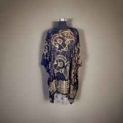 1990’s Short Black MuuMuu Beachy Coverup Vacation Kaftan Dress Fringe Tunic Top