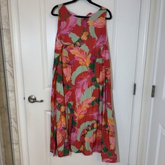 Chico&rsquo;s Botanic Red Floral Foliage Print Tie Back Trapeze Midi Dress Sz 4 / US20