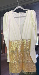 Women’s White/Gold Sequin Fringe Mini Dress V-Neck Open Back Zip Size M