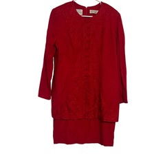 Karin Stevens Red Embroidered Button Front Dress Size 14 Long Sleeve