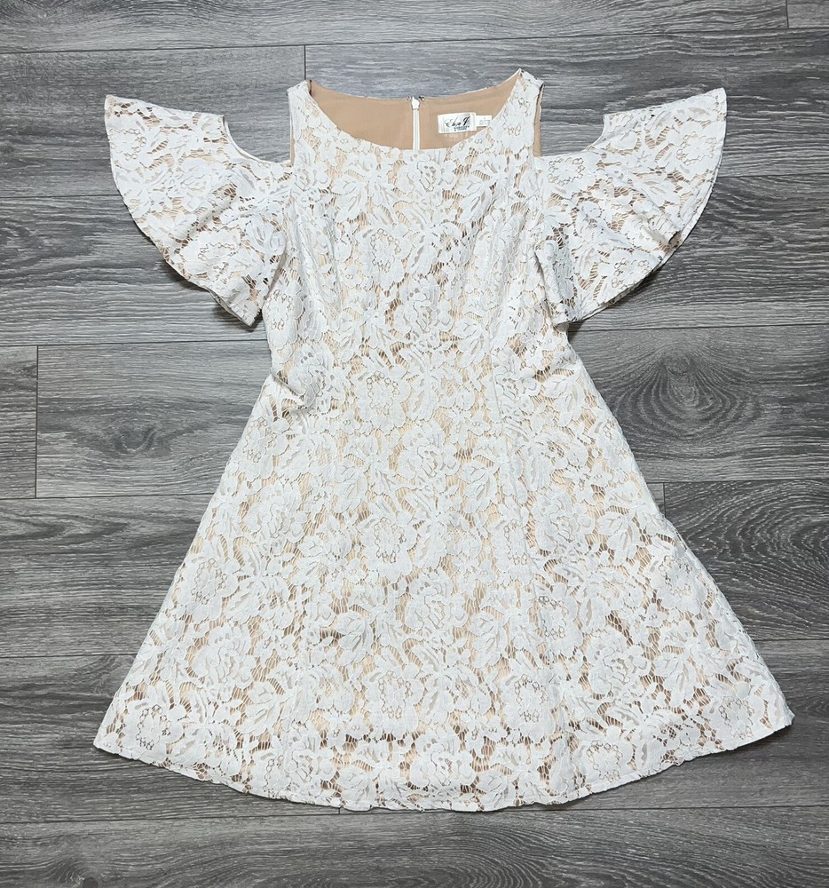 Eliza J Cream Cold Shoulder Flutter Sleeve Fit Flare Lace Nude Beige Dress 8 M