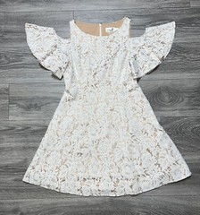 Eliza J Cream Cold Shoulder Flutter Sleeve Fit Flare Lace Nude Beige Dress 8 M