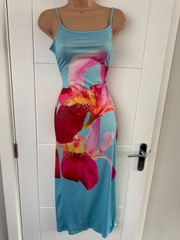 Floral Orchid Print Bodycon Strappy Maxi Dress Blue Pink M UK 12-14 B100