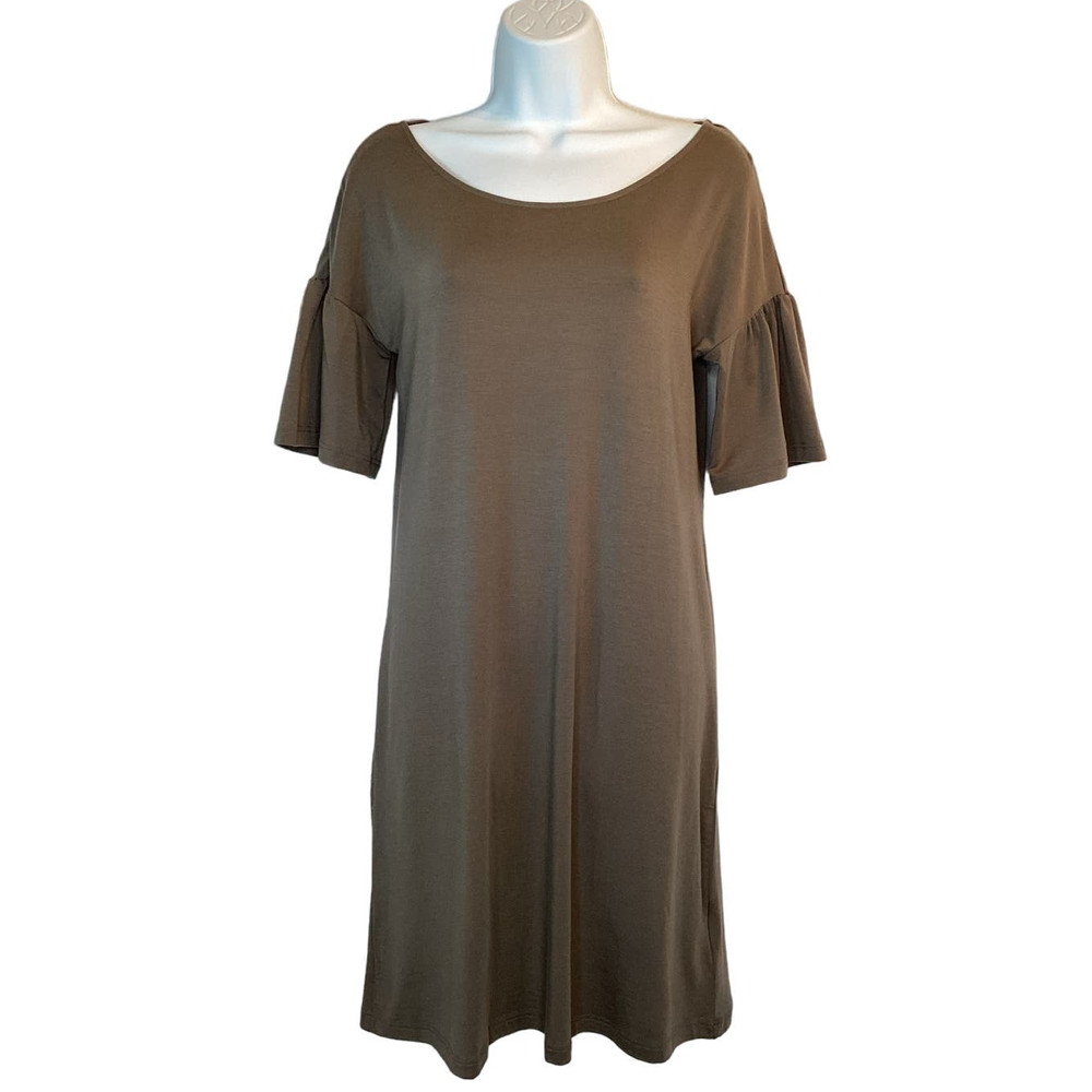 Garnet Hill Ruffle Short Sleeve Stretch Knee Length Knit Dress Brown Size XSmall