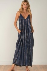 Elan Navy Blue and Gold Metallic Patterned Sleeveless Maxi Dress – Size – Large
