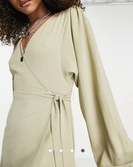 ASOS DESIGN Textured Khaki Wrap Mini Tea Dress Long Sleeve Tie Waist US 12 NEW