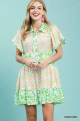 Umgee Mixed Floral Tiered Mini Dress with Flutter Sleeves – Green Mix – Small