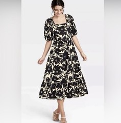 Who What Wear Black Cream Floral Midi Linen Rayon Tie Back Dress Tropical XXL