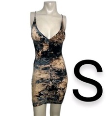 🆕Very Soft Low Cut Ruched Tie Dye Cami Bungee Straps Bodycon Mini Dress~Size S