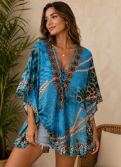 Sakkas Women&rsquo;s Blue Boho Kaftan Tunic Top One Size Embellished Beach Cover Up
