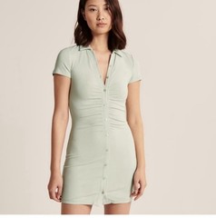 Abercrombie & Fitch Green Ribbed Ruched Button Front Collared Mini Dress M