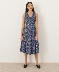 PACT Organic Fit & Flare Easy V-Neck Dress, Paradise Petals Navy Blue Color, New