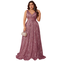 Plus Size Luxury Deep V neck Sequin Evening Dress Elegant V back Long Formal