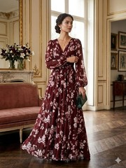 Mac Duggal Burgundy and White Floral Chiffon V‑Neck Maxi Dress