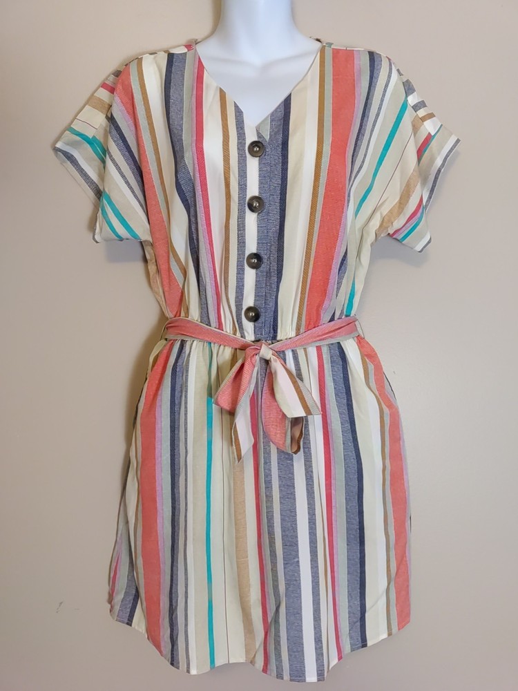 Hint Of Blush Ivory Multicolor Striped Half Button Strap Tie Dress Size L