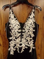 Black Dress Spaghetti Strap White Lace Beads V Neck size XS S