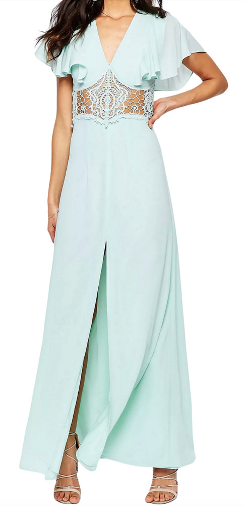 JARLO MINT GREEN EDITH LACE INSERT FLUTTER SLEEVE MAXI DRESS WEDDING US 6 UK 10
