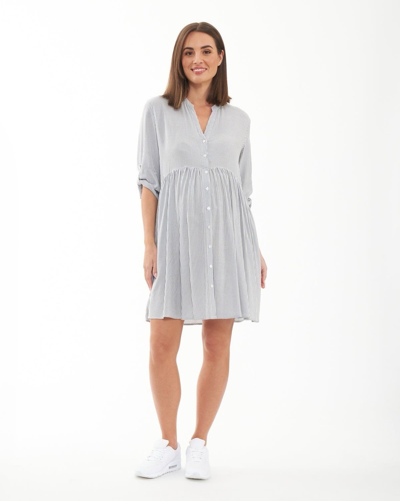 Ripe Maternity Dress Size M Sam Stripe Slate Gray Button Front Nursing Midi NWOT