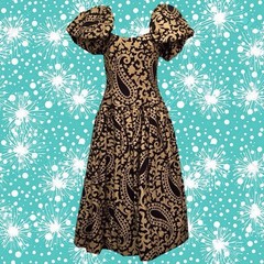 Vintage 80&rsquo;s Black & Gold Paisley Evening Dress • By Lawrence • Drop Waist