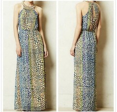 Anthropologie HD in Paris Mayacamas Maxi Dress US 4 Small Beaded Neck Multicolor