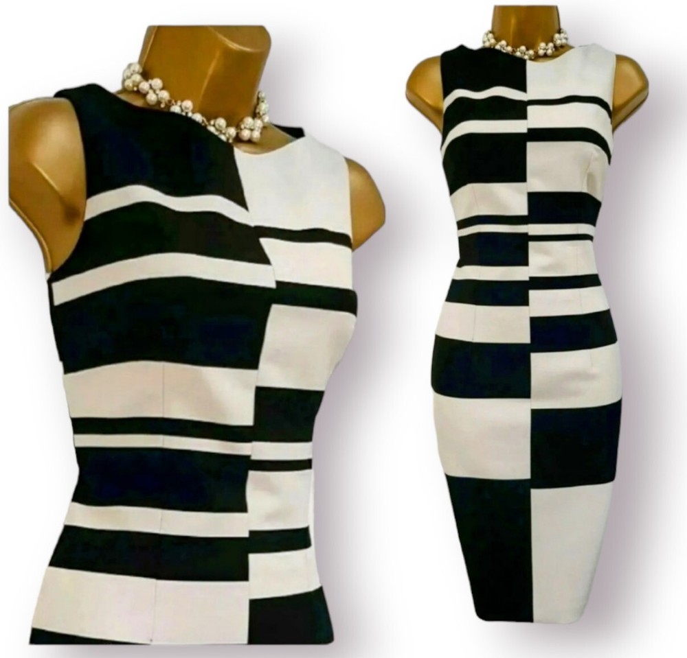 Karen Millen Colourblock Offset Black Beige Wiggle Pencil Occasion Dress UK 8