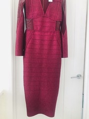 Karen Millen Sparkle Bandage Knit Long Sleeve Midi Dress Uk S 8 10 Burgundy