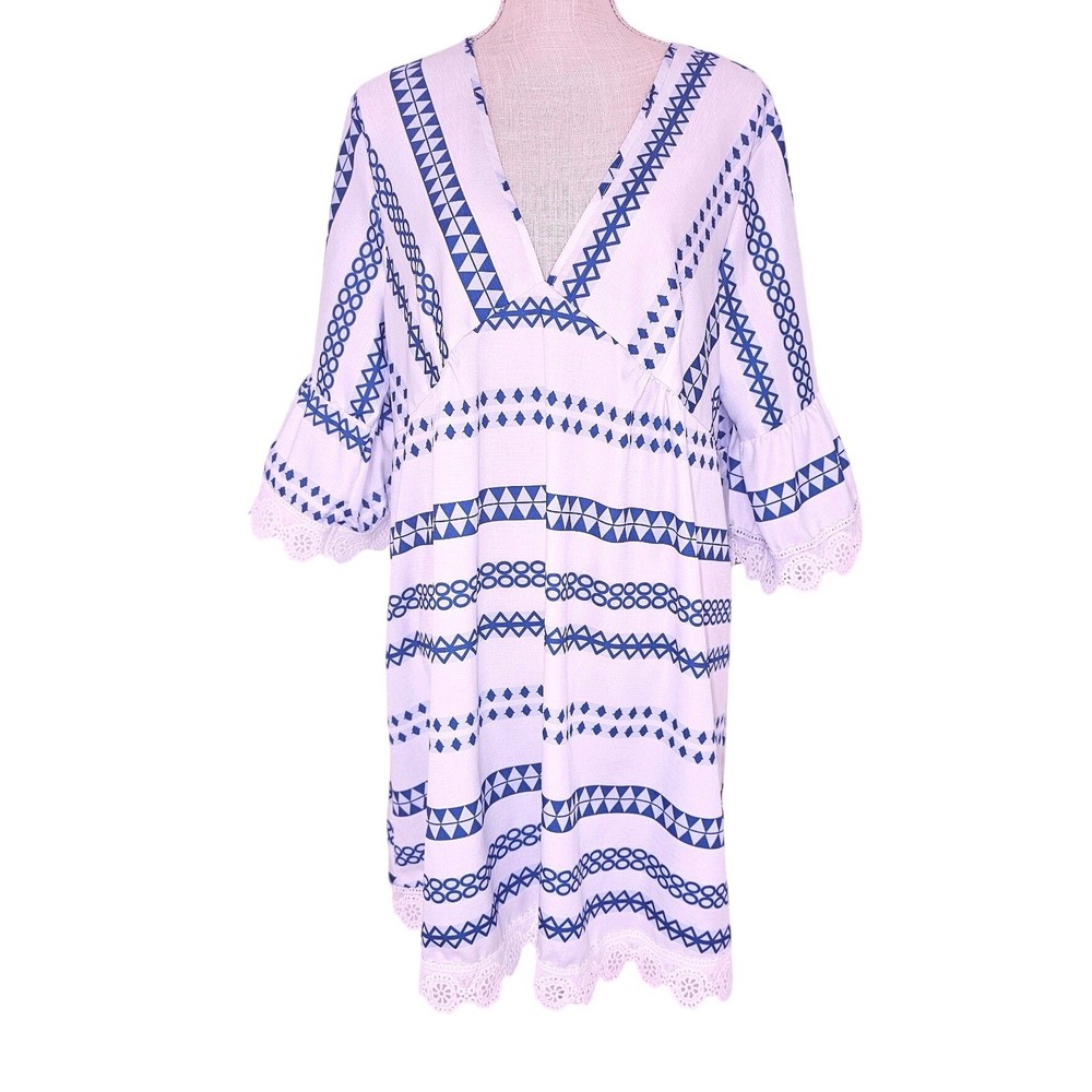 Shein Womens Blue White Geometric Babydoll V-Neck Lace Trim Midi Dress XL