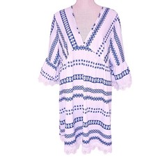 Shein Womens Blue White Geometric Babydoll V-Neck Lace Trim Midi Dress XL