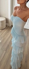Blue Tiered Maxi Strapless Sweetheart Cottagecore Wedding Flowy Summer Dress