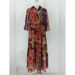 Chico&rsquo;s Floral Patchwork Boho Midi Dress Smocked Waist Size 0.5 US 6