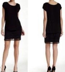 BAILEY 44 T Shirt Dress L Black Lace Embroidered Trim Overlay Top Raw Hem Sleeve
