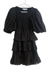 Sofie the Label Black Puff Sleeve Tiered Mini Dress Ribbed Cotton Size Small