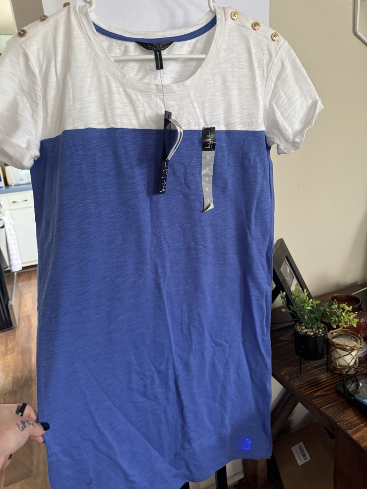 Nicole Miller New York Colorblock Shift Dress Blue/White S Short Sleeve Button