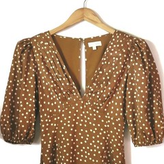 Ronny Kobo Brown White Polka Dot Midi Dress Hi Low Puff Sleeve A-Line XS Party