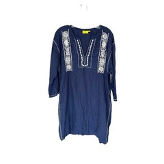 Roller Rabbit Blue White Stitched Lagenlook Boho Relaxed Tunic Dress Size Large