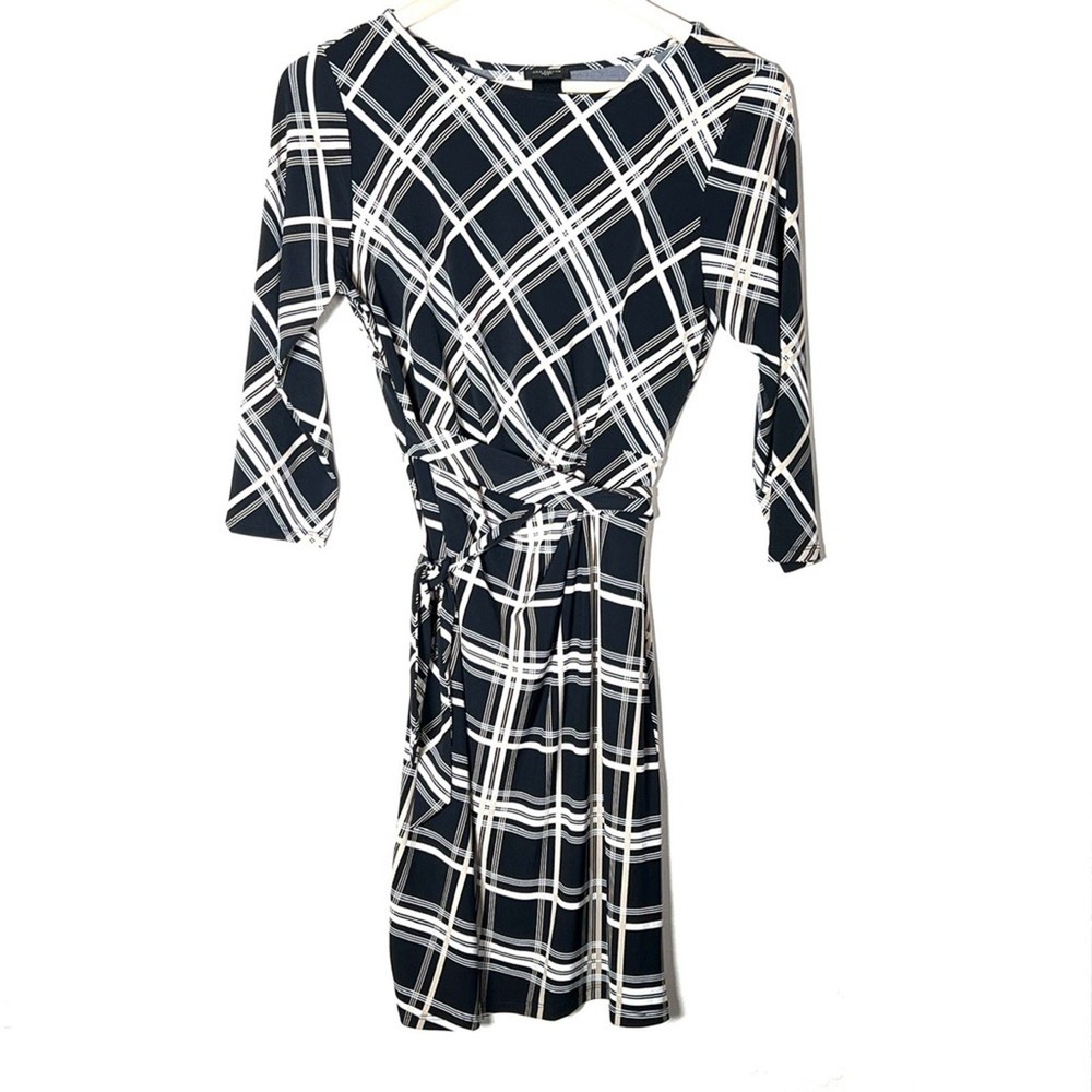 Ann Taylor black and brown plaid 3/4 sleeve dress size medium petite MP B108