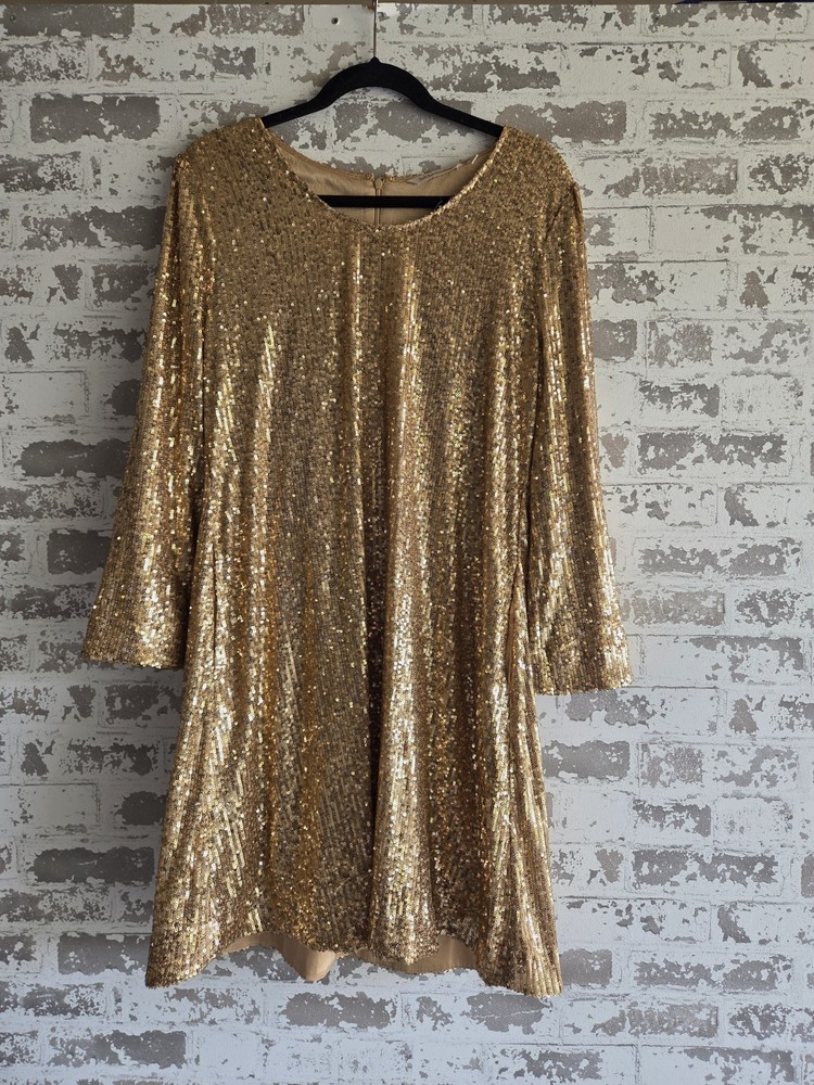 Soft Surroundings Gold Sequin Shift Dress Size PM Petite Medium Long Sleeve NWT