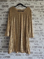 Soft Surroundings Gold Sequin Shift Dress Size PM Petite Medium Long Sleeve NWT