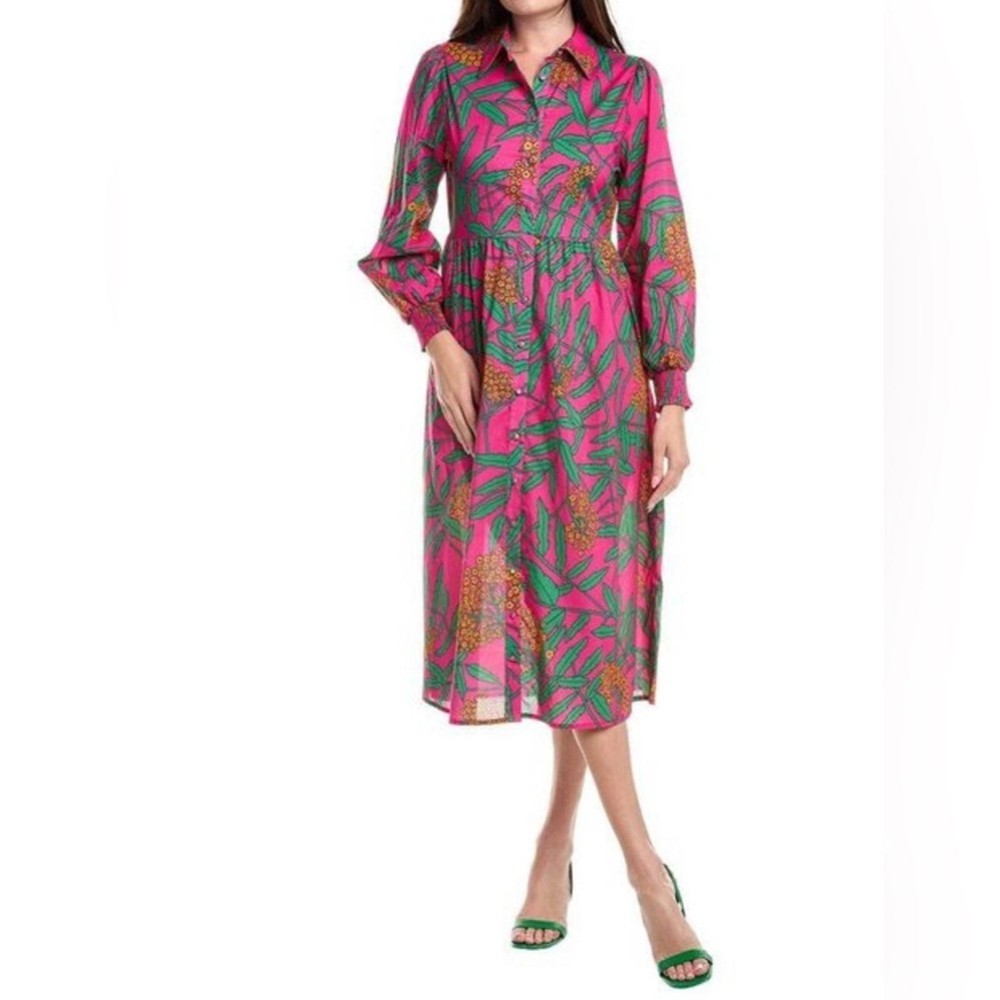 Flora Bea NYC Tinsley Pink Green Tropical Print Midi Shirtdress Size Medium