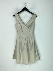 Warehouse Spotlight Beige Plain Midi Dress Sleeveless V-Neck Panel Detail UK 10