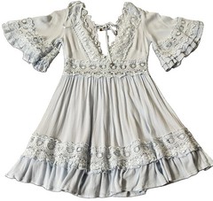 Saints + Secrets Ruffled Mini Dress Sz S Blue Plunging Neck Lace Trim City Sexy