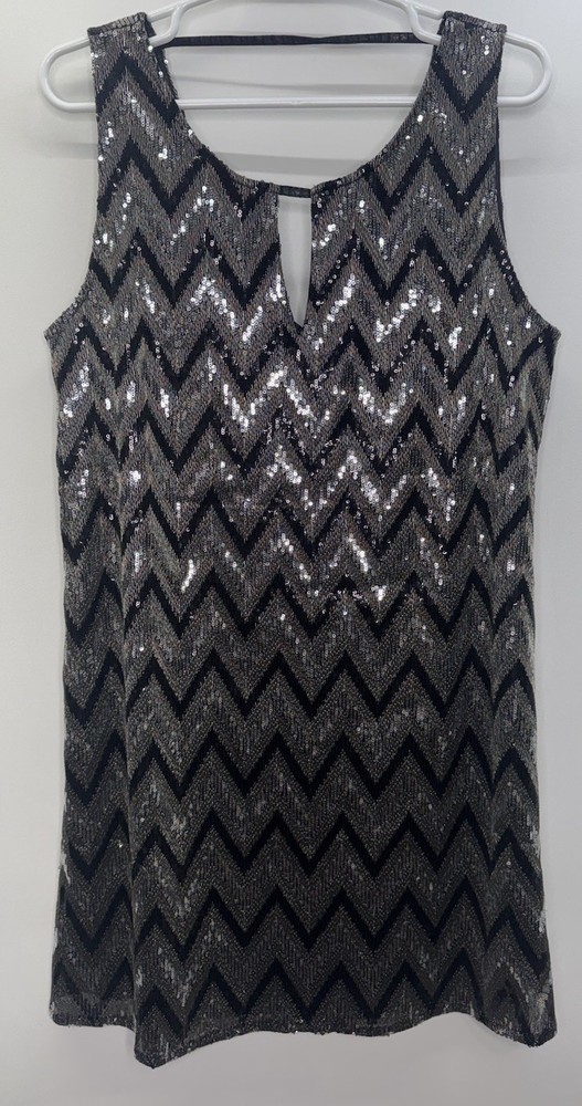 Miss Me Black Silver CHEVRON Sequin Tank Dress Evening Club Party Concert Glam M