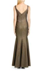 ZAC POSEN Black Gold Metallic Knit Plunge V-Neck Trumpet Mermaid Maxi Gown 14 US