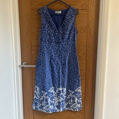 Per Una Dress UK 8 Blue White Floral Beaded Linen Cotton Blend Pockets Summer