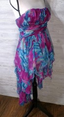Y2k Babydoll Hi Low Dress S Strapless Chiffon Floral Paisley Teal fuchsia Fairy