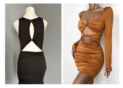 Twist & Tied Ruched Bodycon Dress in Cognac & Peek A Boo Black Dress. NWOT. Med.