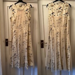 New DEE🖤V Cream Cotton Mix Bird, Pearl Beads & Net Sleeveless Midi Dress,UK14